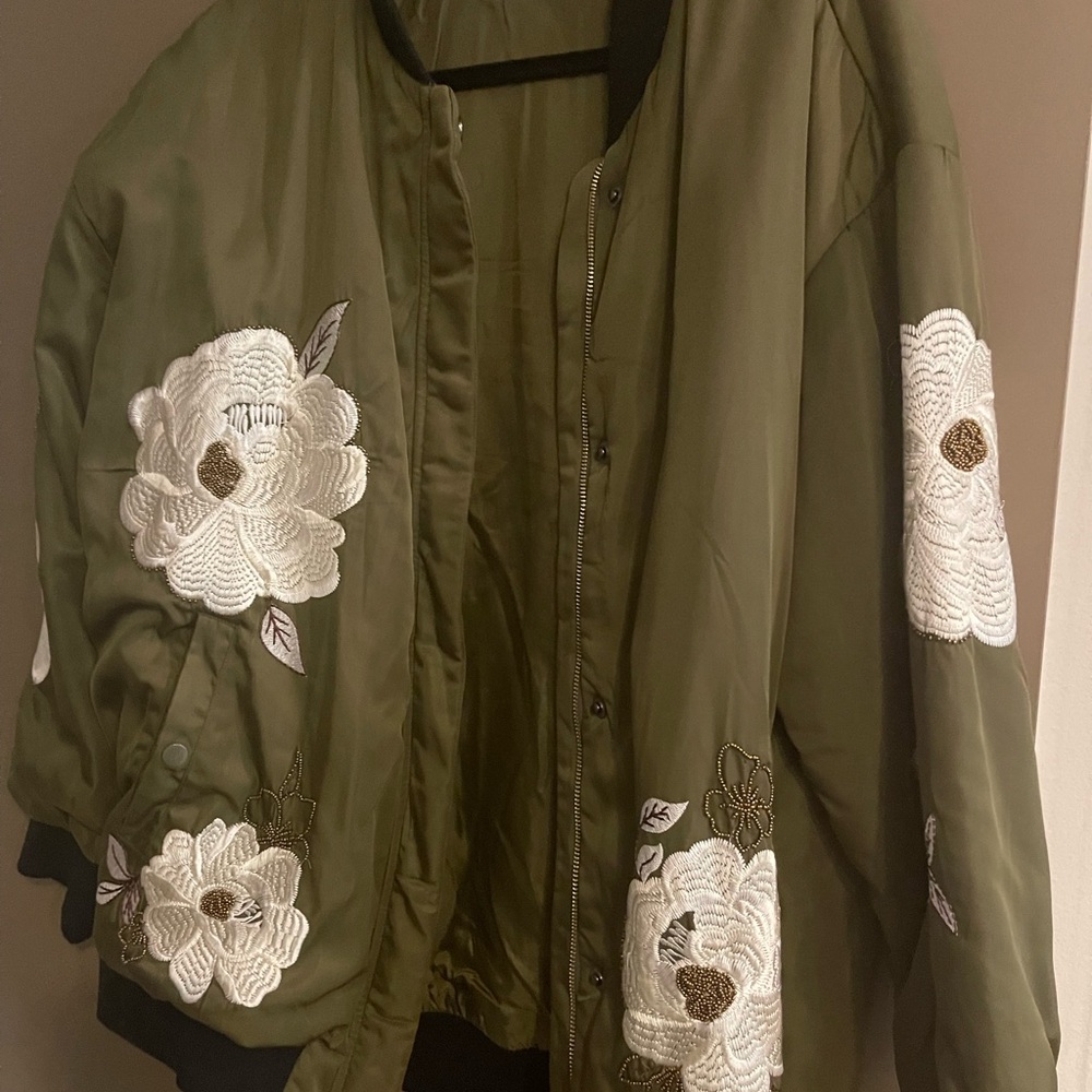 Maeve Green and White Bomber Jacket with Floral Accents